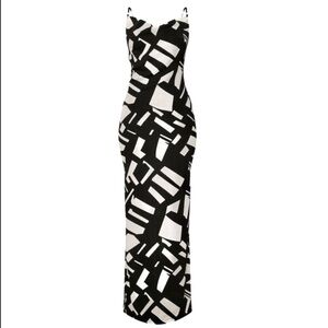 PrettyLittleThing Black & White Abstract Midi Dress Cowl Neck Low Back w Straps